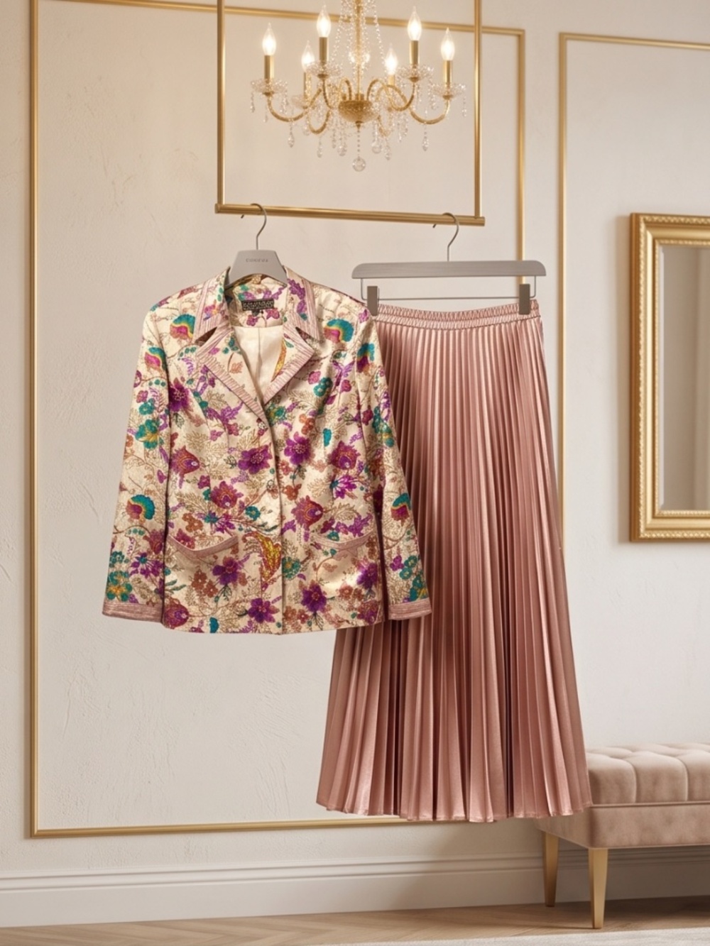 Donna Vinci Satin Gold skirt and Matching Floral Jacket